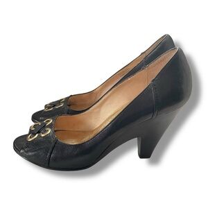 Michael Kors Shoes Peep Toe‎ Black Gold Leather Open High Heels Pumps Size 7.5